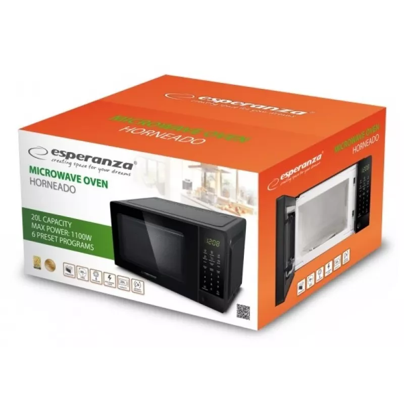 Solo mikroviļņu krāsns ESPERANZA EKO009 — 700 W, 20 L, LED displejs, skārienvadība, 24,5 cm stikla grozāmais šķīvis, melna