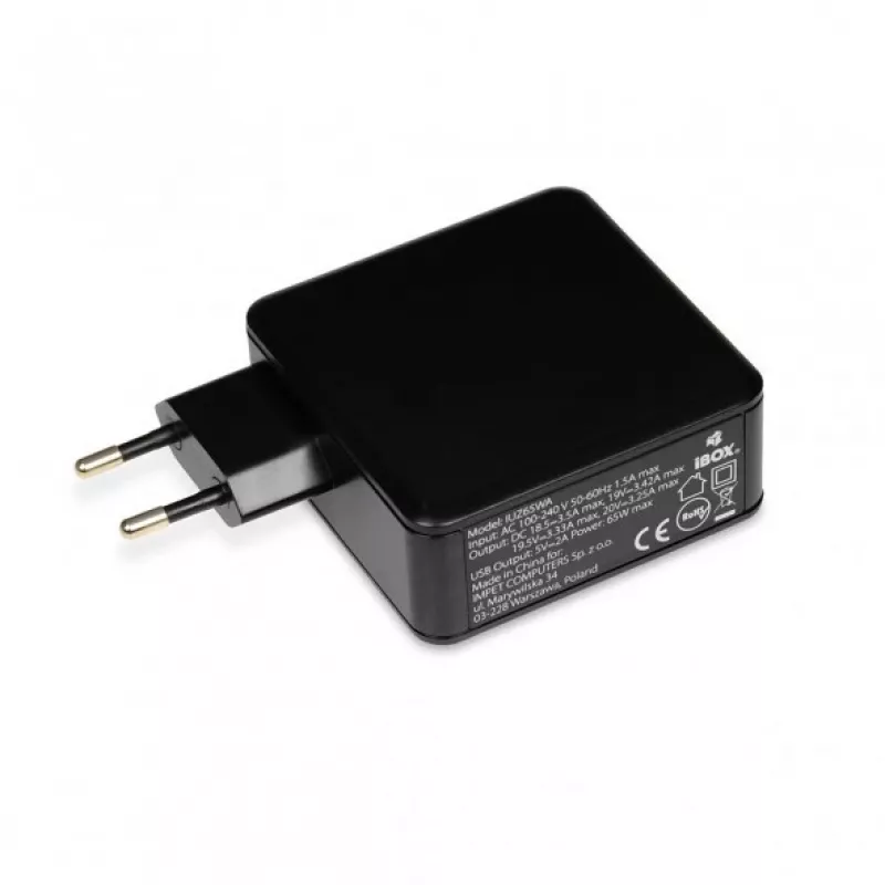 Portatīvā datora barošanas adapteris IBOX IUZ65WA, AC-DC automātisks 100–240V → 18.5–20.5V, 65W, 1×USB, melns