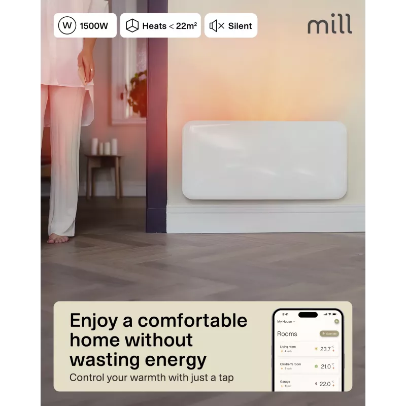 Mill WiFi paneļu sildītājs | PA1500WIFI4A | Paneļu sildītājs | 1500 W | Piemērots telpām līdz 22 m² | Balts | IPX4