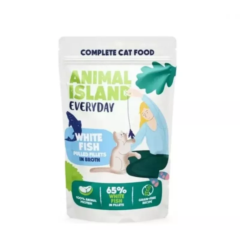 ANIMAL ISLAND baltās zivis buljonā kaķu barības monoiepakojums 40x85g
