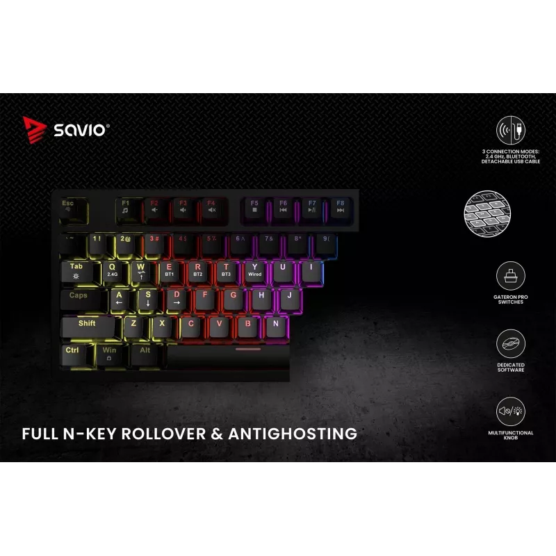 Savio Phenix SAVGK-RED spēļu tastatūra USB RF bezvadu Bluetooth QWERTY
