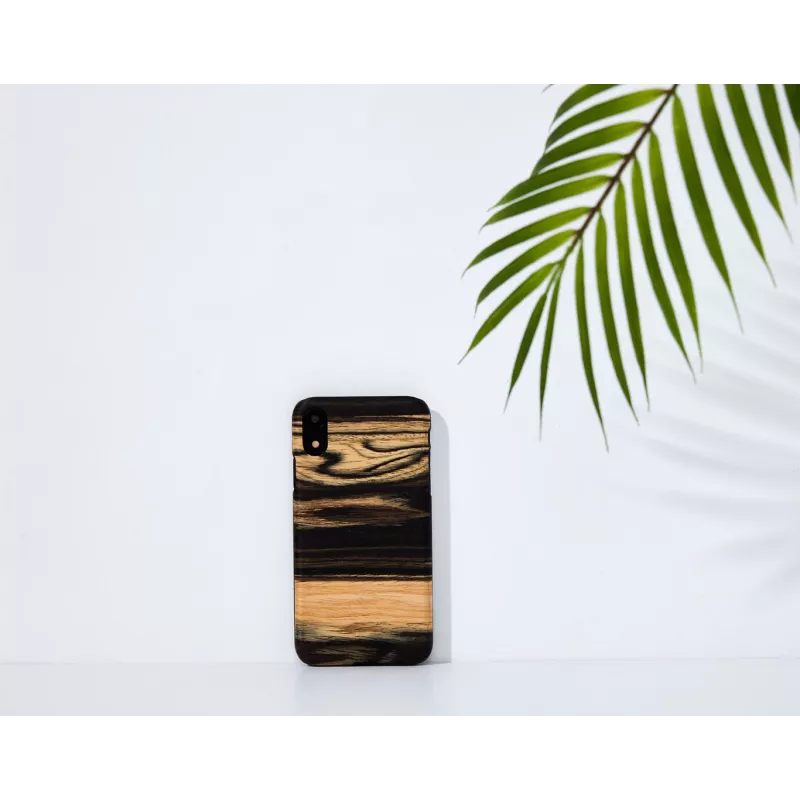 Telefona maciņš man and wood iPhone XR — balta melnkoka melna koka aizmugure, aizsargapvalks