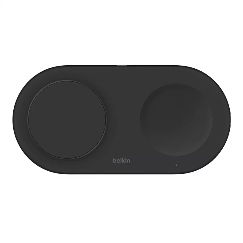 Belkin WIZ021VFBK - 2-in-1 bezvadu uzlādes paliktnis ar Qi2 tehnoloģiju 15 W, melns