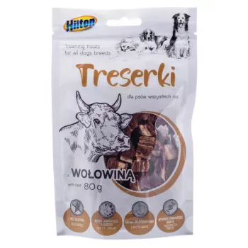 Suņu treniņu kārumi Hilton Treaning treats Beef 80 g — mīksti, kodumiem lieluma liellopu gaļas našķi, proteīns 42%, mitrums 18%