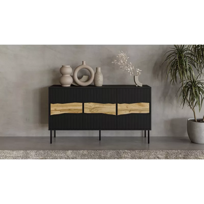 Kumode cama meble INSERTO 3D 143,5×40×80 cm melna ar LED, skaidu plātne, 16 mm rāmis
