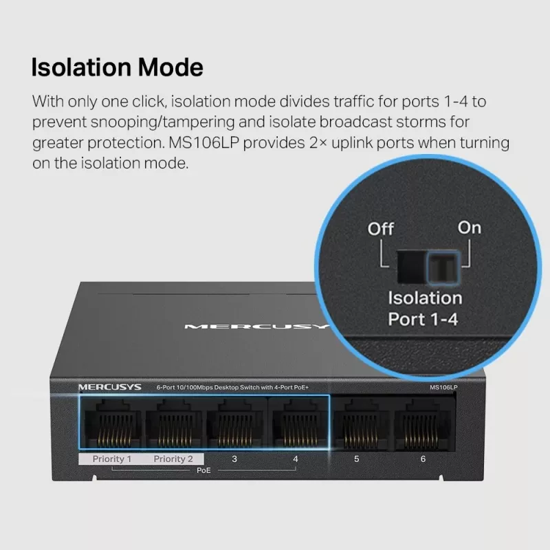 Mercusys 6 portu 10/100Mbps galddatora slēdzis ar 4 portu PoE+