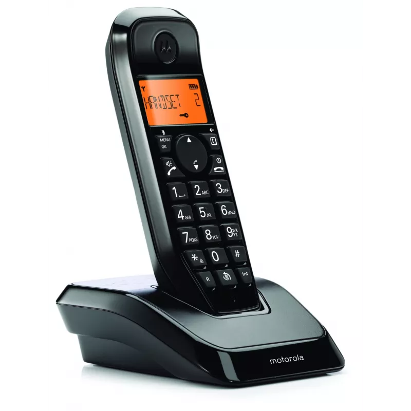 DECT tālrunis Motorola S1201 — bezvadu klausule, skaļrunis, zvanītāja ID, 50 ierakstu tālruņu grāmata, melns