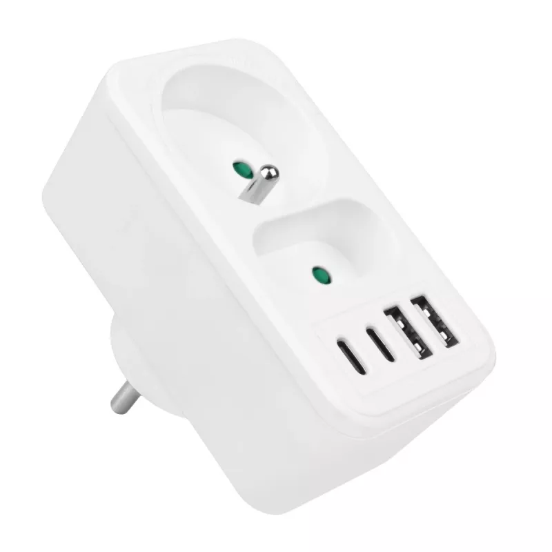Strāvas sadalītājs MACLEAN MCE249 F/W — 2x elektrotīkla rozetes (16A + 6A) un 4x USB (2x A, 2x C PD 20W)