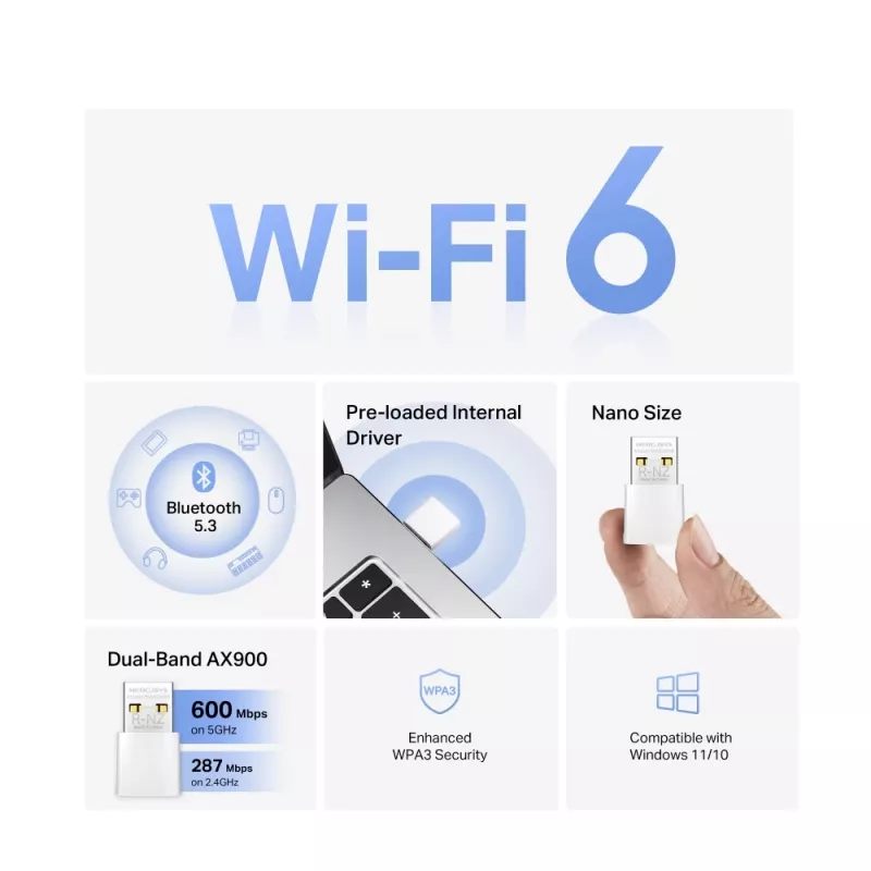 WiFi USB Adapter MERCUSYS MA60XNB AX900 ar Bluetooth 5.0