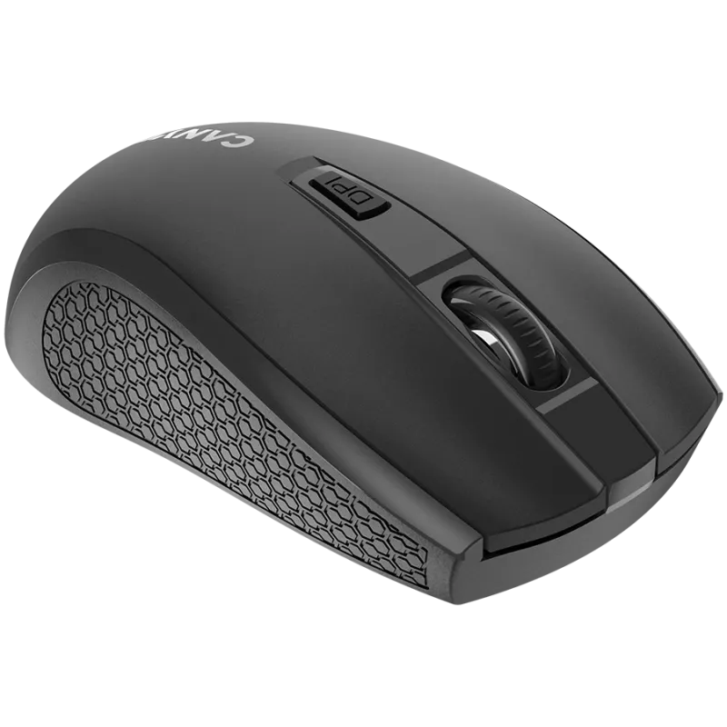 CANYON MW-7, 2,4 GHz bezvadu pele, 6 pogas, DPI 800/1200/1600, ar 1 AA bateriju, izmērs 110*60*37 mm, 58 g, melna