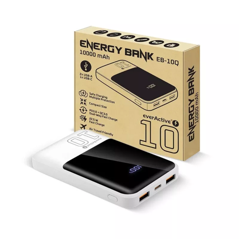 Ārējais akumulators everActive EB-10Q 10 000 mAh, 2× USB izejas, 22,5W QC4.0