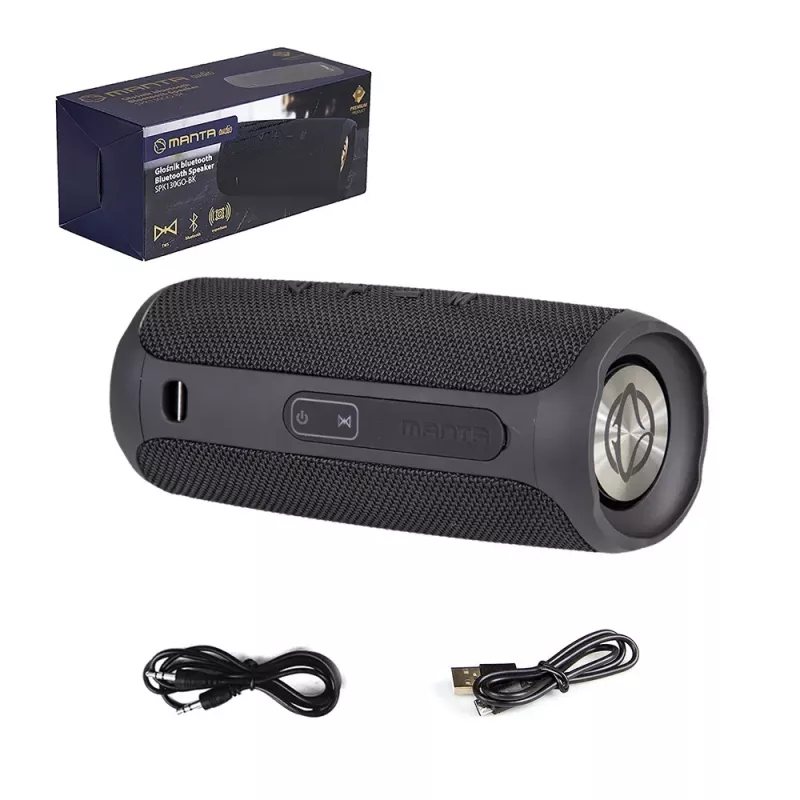 Pārnēsājams skaļrunis MANTA SPK130GO BT — Bluetooth 5.0, TWS, FM, 10W RMS, uzlādējams (melns, 8×8×19 cm)