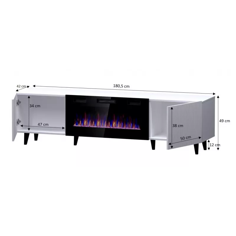 TV skapītis Cama Meble PAFOS EF ar elektrisko kamīnu 180×42×49 cm, balts, matēts