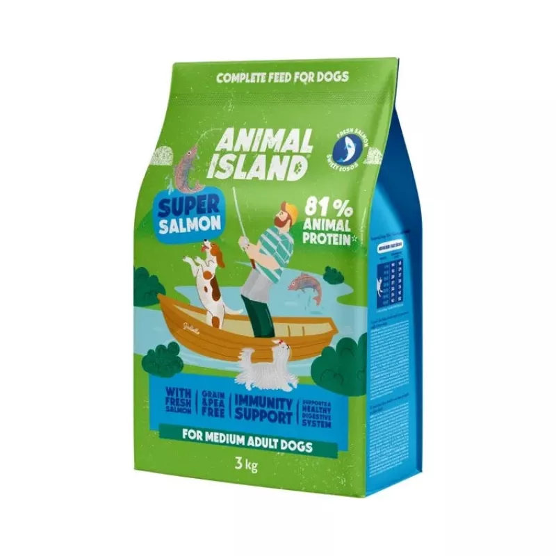 Sausā suņu barība Animal island Super Salmon — pieaugušiem suņiem, bez graudaugiem, 3 kg, 32% olbaltumvielu, 16% tauku