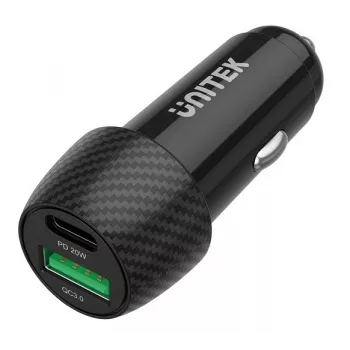 Automašīnas lādētājs Unitek P1400A ar USB-C un USB-A, 38W, Quick Charge 3.0, ieeja 12–24V, melns