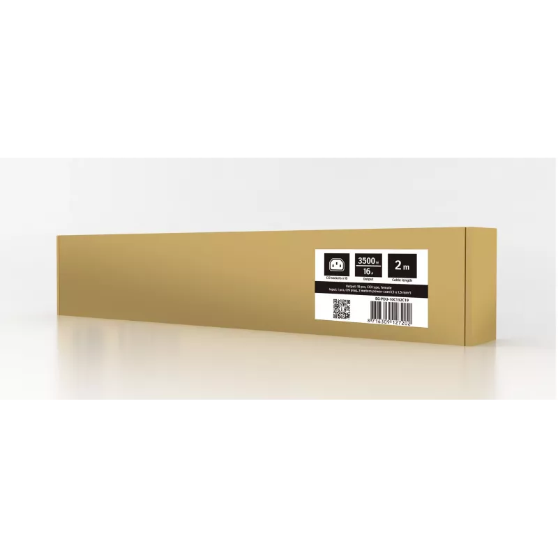 Strāvas sadales bloks GEMBIRD EG-PDU-10C132C19 — 10x C13 ligzdas, 1U statnes, 16A C19 ieeja, 2 m kabelis, 3500 W