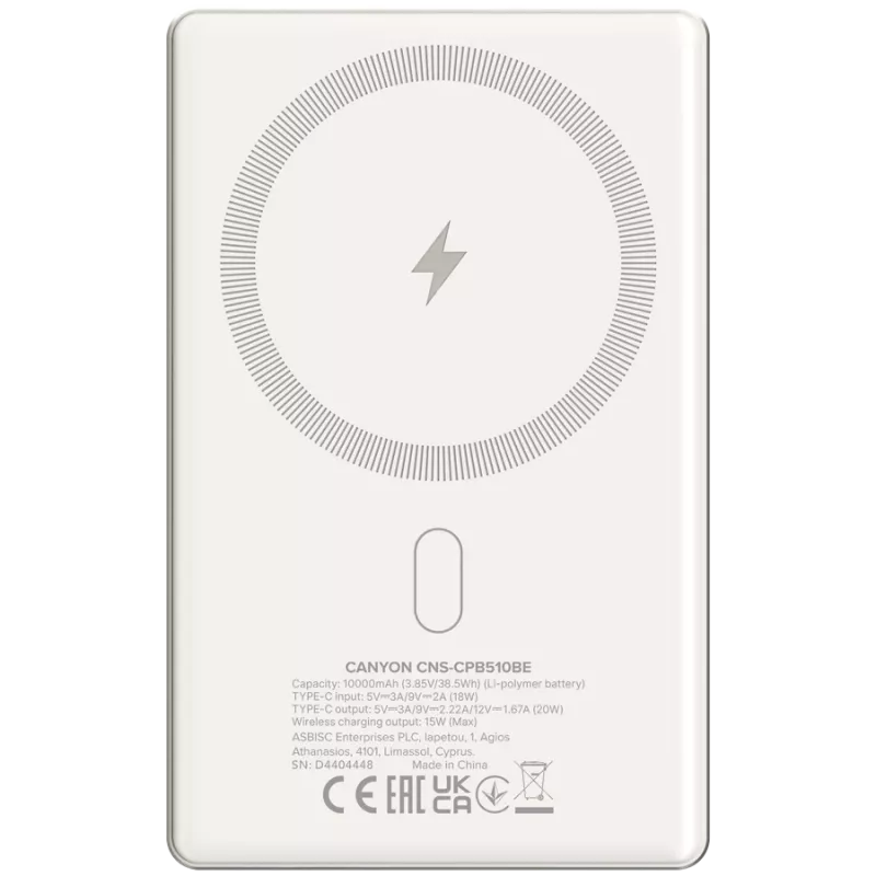 Canyon OnCharge 510 - Powerbank - 10 000 mAh - ieeja USB-C - izeja USB-C PD 20W + bezvadu magnēts
