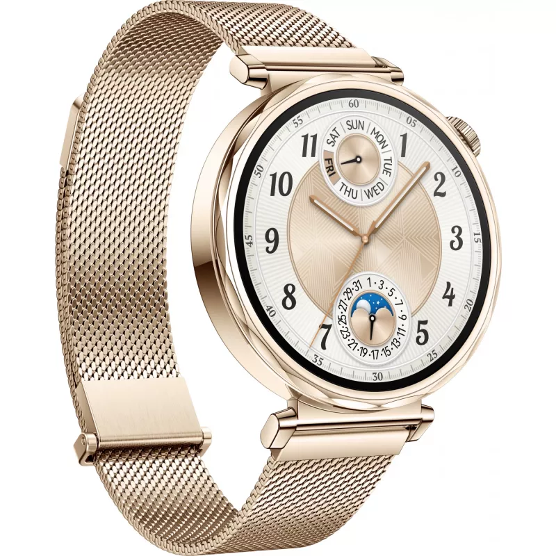Viedpulkstenis HUAWEI WATCH GT5 41 mm — 1,32 collu AMOLED, 466×466, 323 mAh, nerūsējošā tērauda korpuss, zelta siksniņa