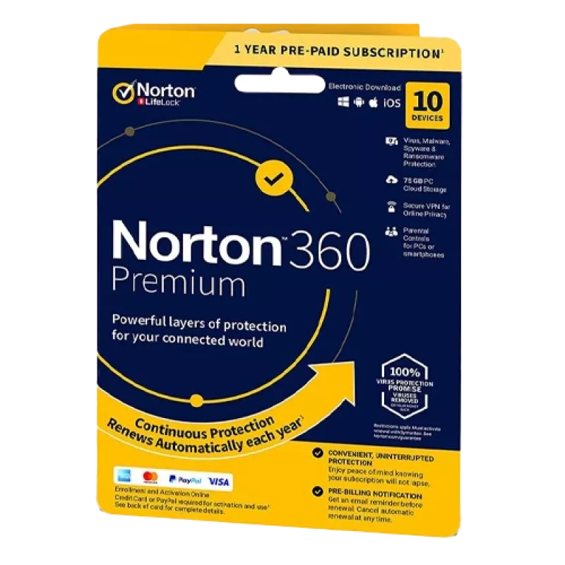 Norton 360 Premium | 10 ierīces | 1 gads | 75 Gb mākoņkrātuve | ES | BEZ ABONEMENTA |