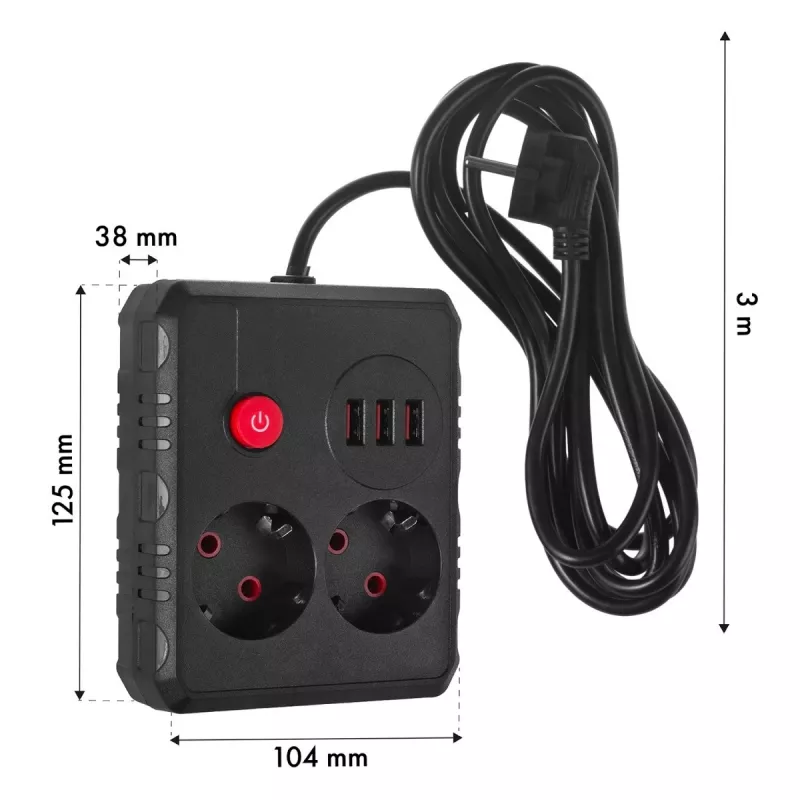 Strāvas sadalītājs MACLEAN MCE388 B — 2 maiņstrāvas rozetes, 3×USB A, 110–120V 50/60Hz, 2500W, 3 m kabelis, melns