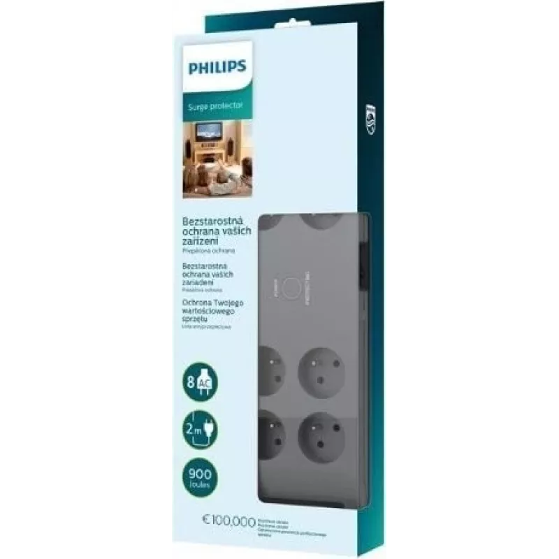 Pārsprieguma aizsargs Philips SPN3180A/60 — 8 rozetes, 2,0 m kabelis