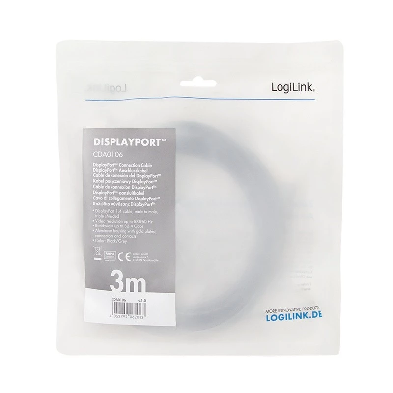 LogiLink CDA0106 DisplayPort kabelis melns/pelēks 3 m