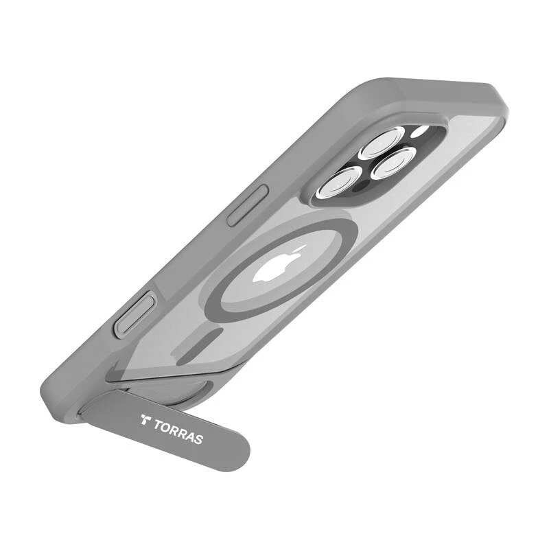 Aizsargājošs telefona vāciņš Torras Pstand sērija iPhone 16 Pro Max, pelēks, plāns profils ar integrētu statīvu
