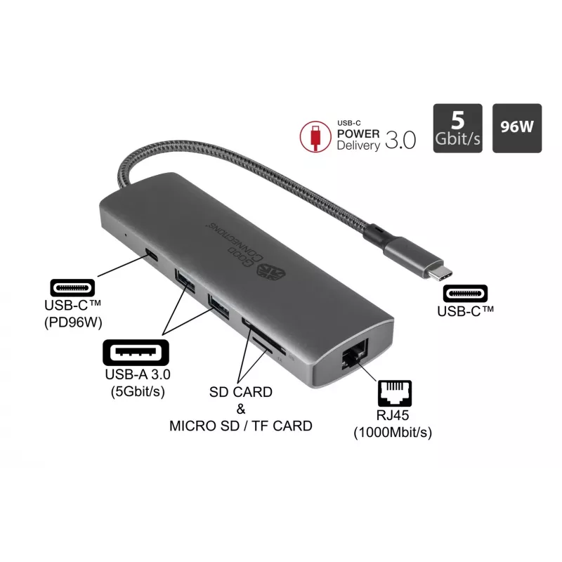 Alcasa HUB-C001A interfeisa centrmezgls USB Type-C 5000 Mbit/s Antracīts