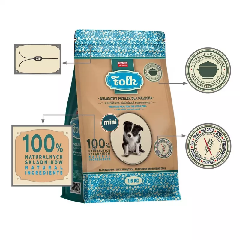 FOLK Junior Small breeds Maiga maltīte kucēnam ar trušu, teļa gaļu un burkānu - sausā suņu barība - 1,6kg