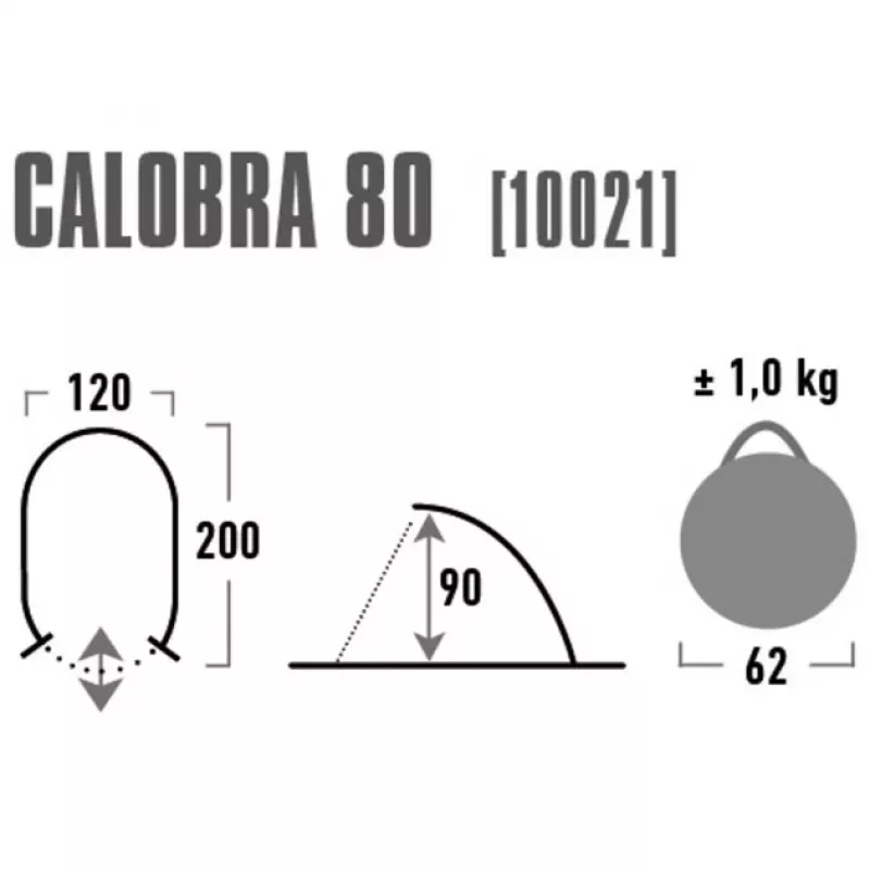 Kupolveida/iglū telts High Peak Calobra 80 — Pelēka, 2000×1200×900 mm, poliestera grīdas pārklājs, stiklašķiedras stieņi