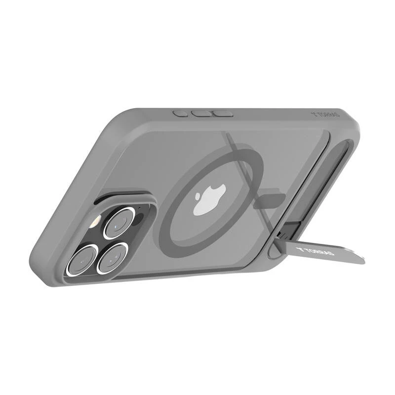 Aizsargājošs telefona vāciņš Torras Pstand sērija iPhone 16 Pro Max, pelēks, plāns profils ar integrētu statīvu