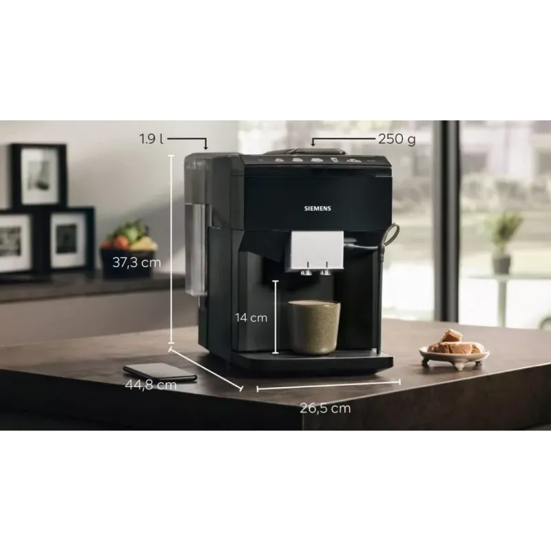 Espresso automāts Siemens TP513R09 — pilnībā automātisks, 15 bāri, 1,9 l ūdens tvertne, iebūvēta kafijas dzirnaviņas