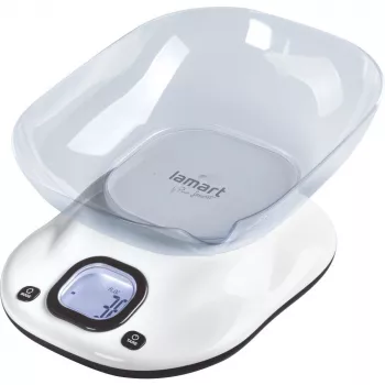 Virtuves svari LAMART LT7073 — pieskāriena vadība, liels LCD, noņemama bļoda, mērvienību izvēle (g/ml/lb:oz), AAA baterija