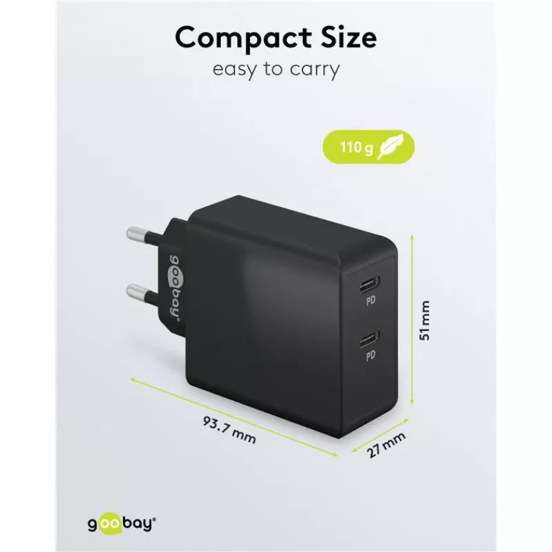 Iekštelpu lādētājs Goobay 61757 ātrā uzlāde USB Type-C 2 pieslēgvietas melns