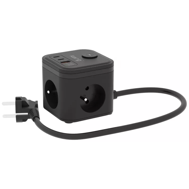 Strāvas sadalītājs Kerg SMART – 3 maiņstrāvas rozetes F tips ar 3 USB (2×A + 1×C), 1,5 m kabelis, 16A 230V, melns