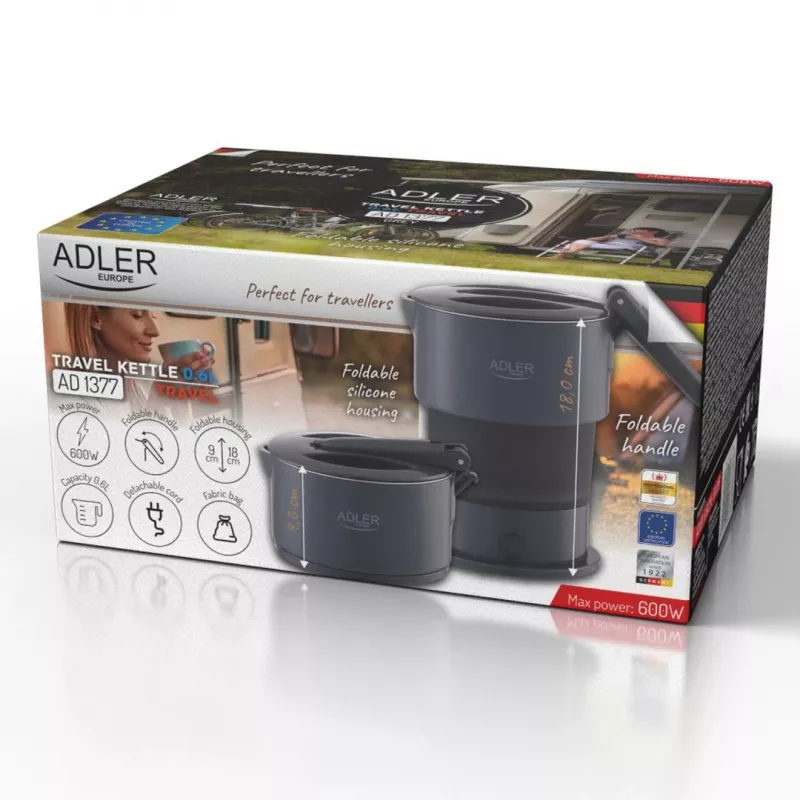 Electric kettle Adler AD 1377G, 0.6 L capacity, 600 W, pelēka, plastic/silicone/stainless steel