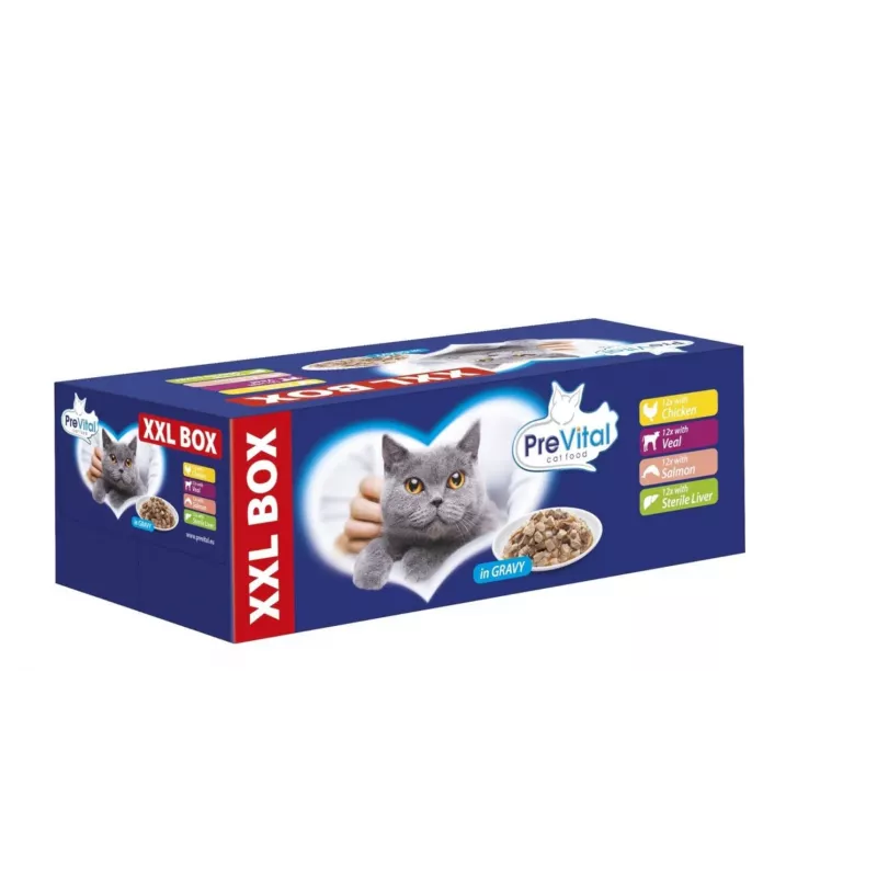 PREVITAL XXL BOX garšu maisījums ar vistu, teļa gaļu, lasi un aknām mērcē - mitrā barība kaķiem - 48 x 100g