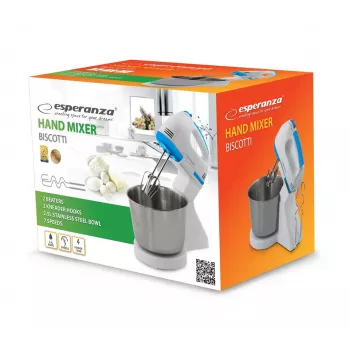 Galda mikseris ESPERANZA EKM019WB — 150 W, 2,5 l bļoda, 7 ātrumi, mīklas āķi, dubultā putojamā slotiņa, balts