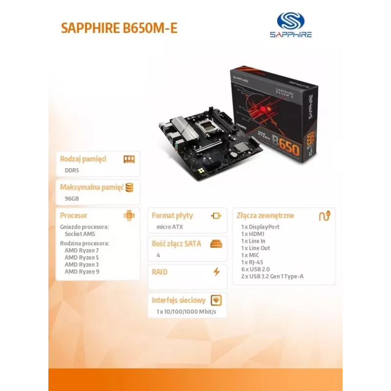 Mātesplate Sapphire B650M-E (AMD B650) micro ATX, Socket AM5, DDR5, 2x DIMM, 96GB, 2x M.2 (PCIe5/4), 4x SATA III, 2.5Gb LAN