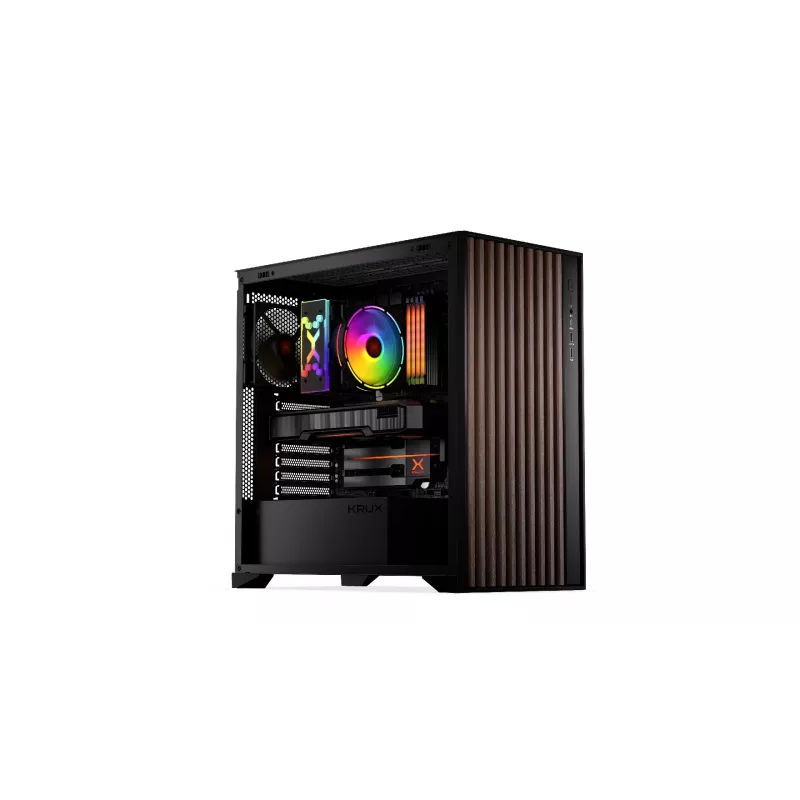 Datora korpuss KRUX Palum KRXD008 ATX melns — 2x3,5 collu nodalījumi, 2x2,5 collu nodalījumi, 2x120 mm ventilatori, GPU līdz 39,5 cm
