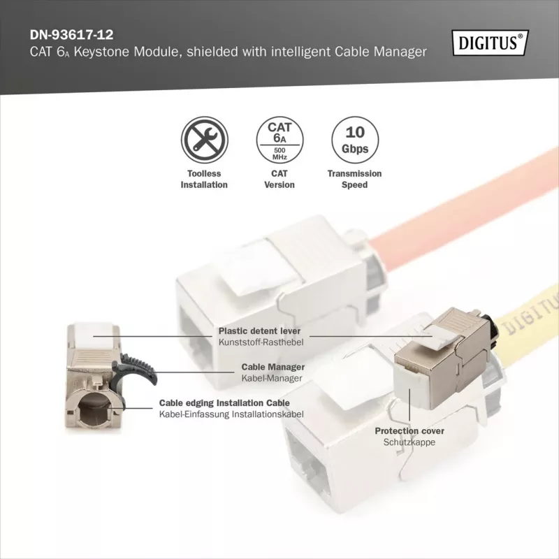 Keystone modulis DIGITUS CAT 6A ekranēts ar inteliģentu kabeļu pārvaldnieku, plakans RJ-45, 14,5×34,5×21 mm — 12 gab.