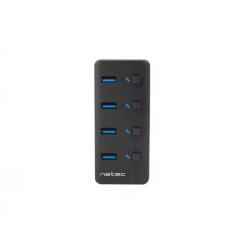 USB centrmezgls NATEC MANTIS USB 2.0 Type-B — 4x USB 3.2 Gen 1 Type-A porti, melns, 0,8 m kabelis, maiņstrāvas adapteris, barošanas slēdzis
