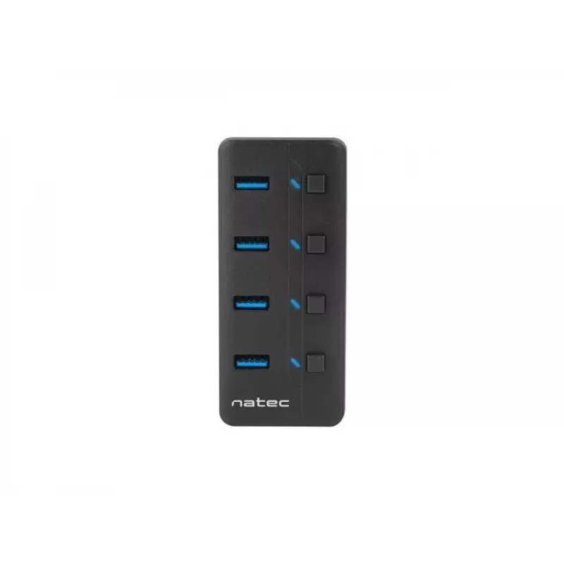 USB centrmezgls NATEC MANTIS USB 2.0 Type-B — 4x USB 3.2 Gen 1 Type-A porti, melns, 0,8 m kabelis, maiņstrāvas adapteris, barošanas slēdzis