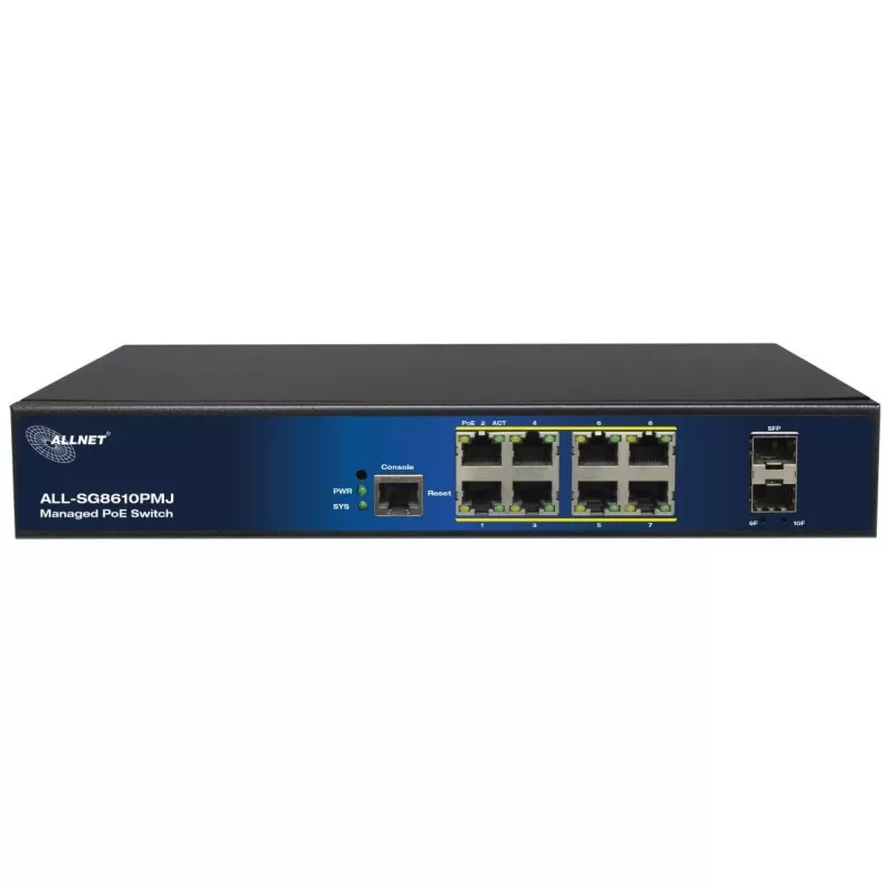 Pārvaldāms 10 portu PoE slēdzis ALLNET ALL-SG8610PMJ ar 8 PoE+ portiem un 2 augšupsaites portiem