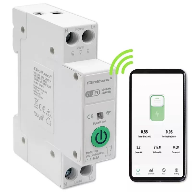 DIN-sliedes WiFi relejs QOLTEC 50881 — tīkla komutācijas relejs 63A elektrības instalācijām