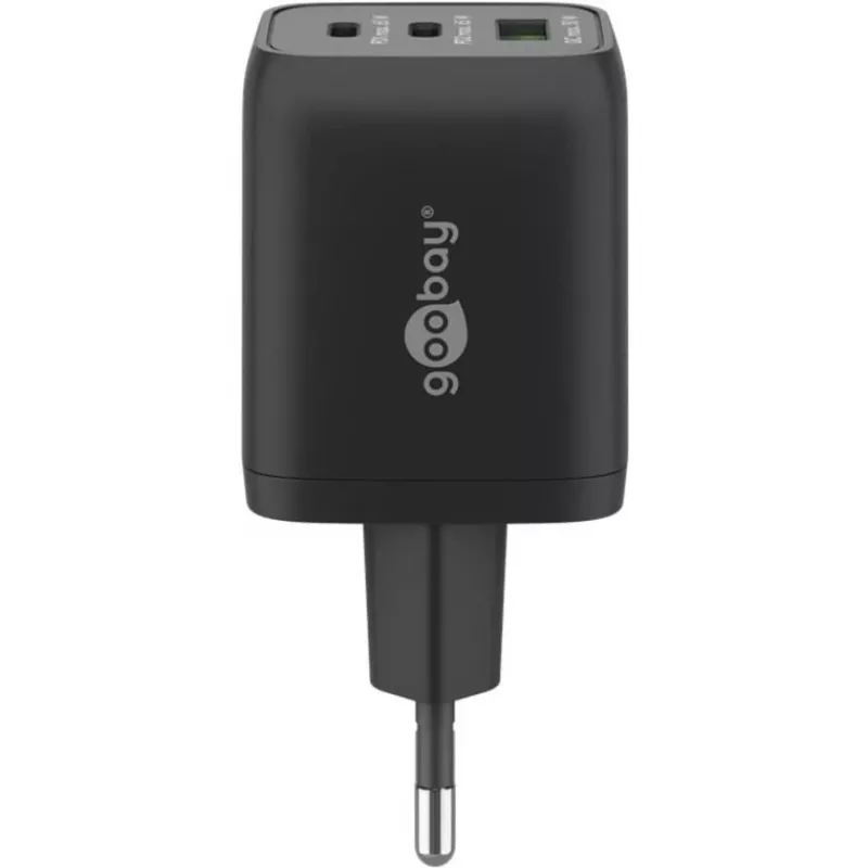 USB-C Ātrais lādētājs Nano, PD, GaN, 65 W, USB-C pīts kabelis (melns, 1x USB-A, 2x USB-C PD, Quick Charge 3.0, 1 metra kabelis)