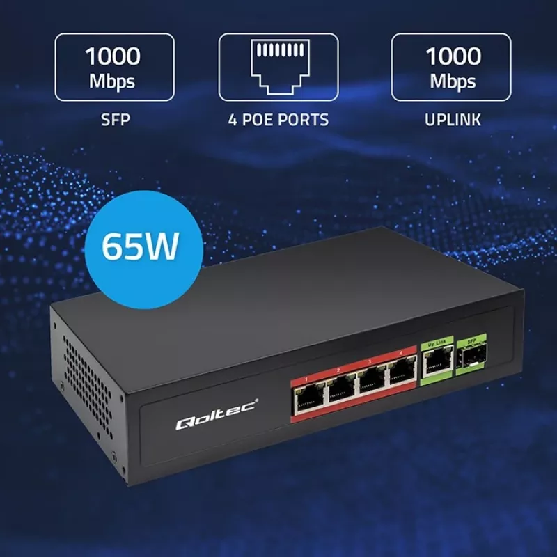 Ethernet PoE komutators QOLTEC 52296 — 4x RJ45 PoE porti, 1x RJ45 uplinks
