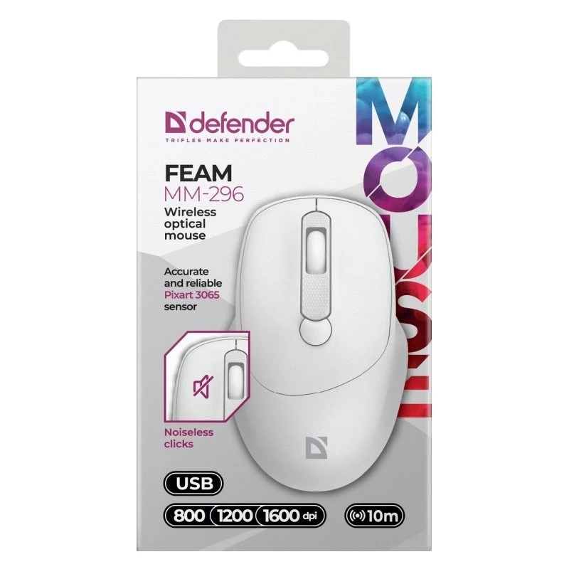 Bezvadu pele DEFENDER 52297 Silent Click — piemērota abām rokām, 2,4 GHz nano USB, 1600 DPI, balta