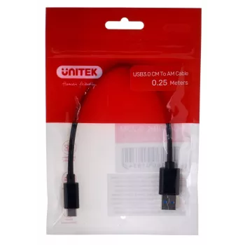 USB-C uz USB-A kabelis Unitek Y-C490BK 3.1 Gen1 (USB 3.0), 0,25 m, melns, vīrišķais-vīrišķais