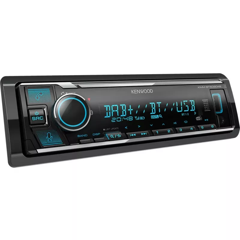Elektronika KMM-BT508DAB, melna, 1 DIN, 200 W, 50 W, 24 h, AAC, FLAC, MP3, WAV, WMA